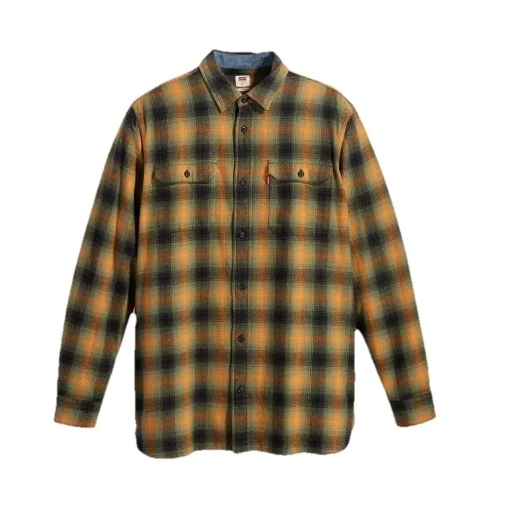 Levis Mens 3XL Flannel Button Up Shirt The Worker Relaxed Fit Plaid Orange Multi